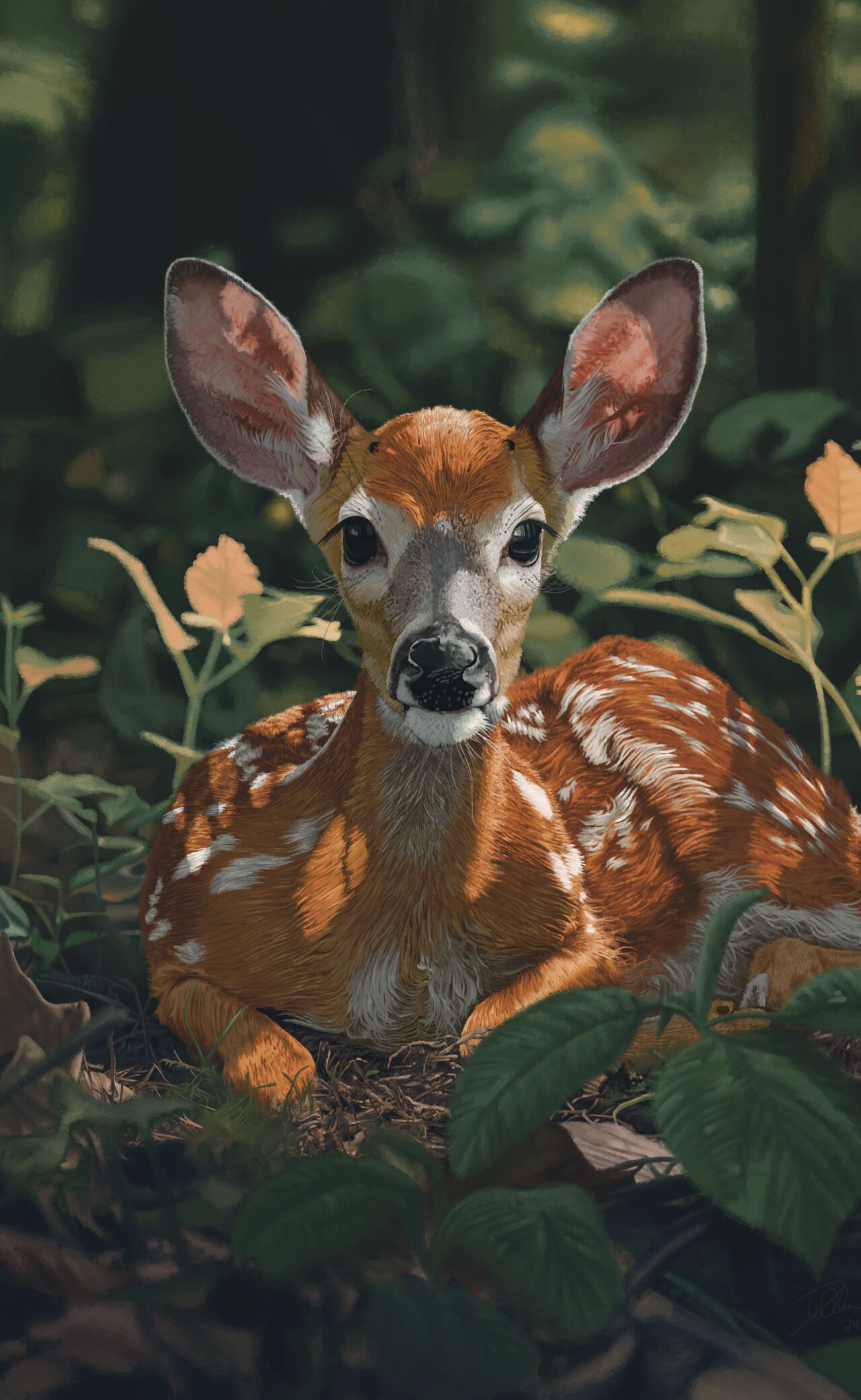 A low angle, shallow depth of field shot of a whitetail deer fawn sitting in a thick forest in dappled light